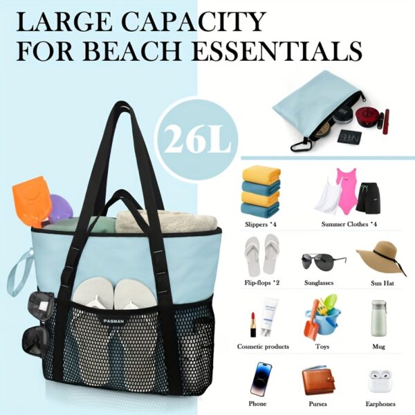 Sac de plage femme 8 poches – Pliable, léger, anti-sable avec zip – Image 2