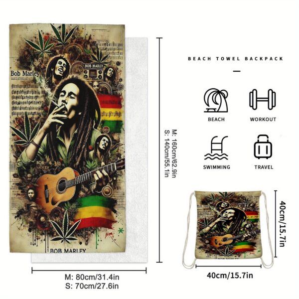 Serviette de plage pliable 2 en 1 Bob Marley avec sac de rangement – Image 2