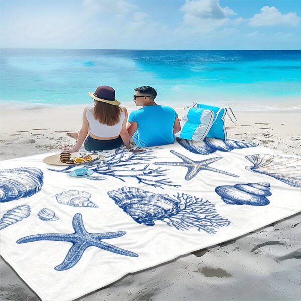 Drap de plage Motif Tropical Nautique Coquillages, Étoiles de Mer et Coraux – Image 3