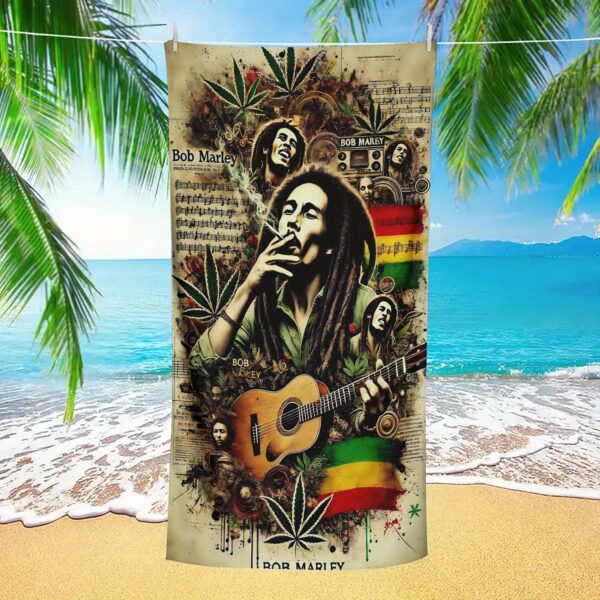 Serviette de plage pliable 2 en 1 Bob Marley avec sac de rangement