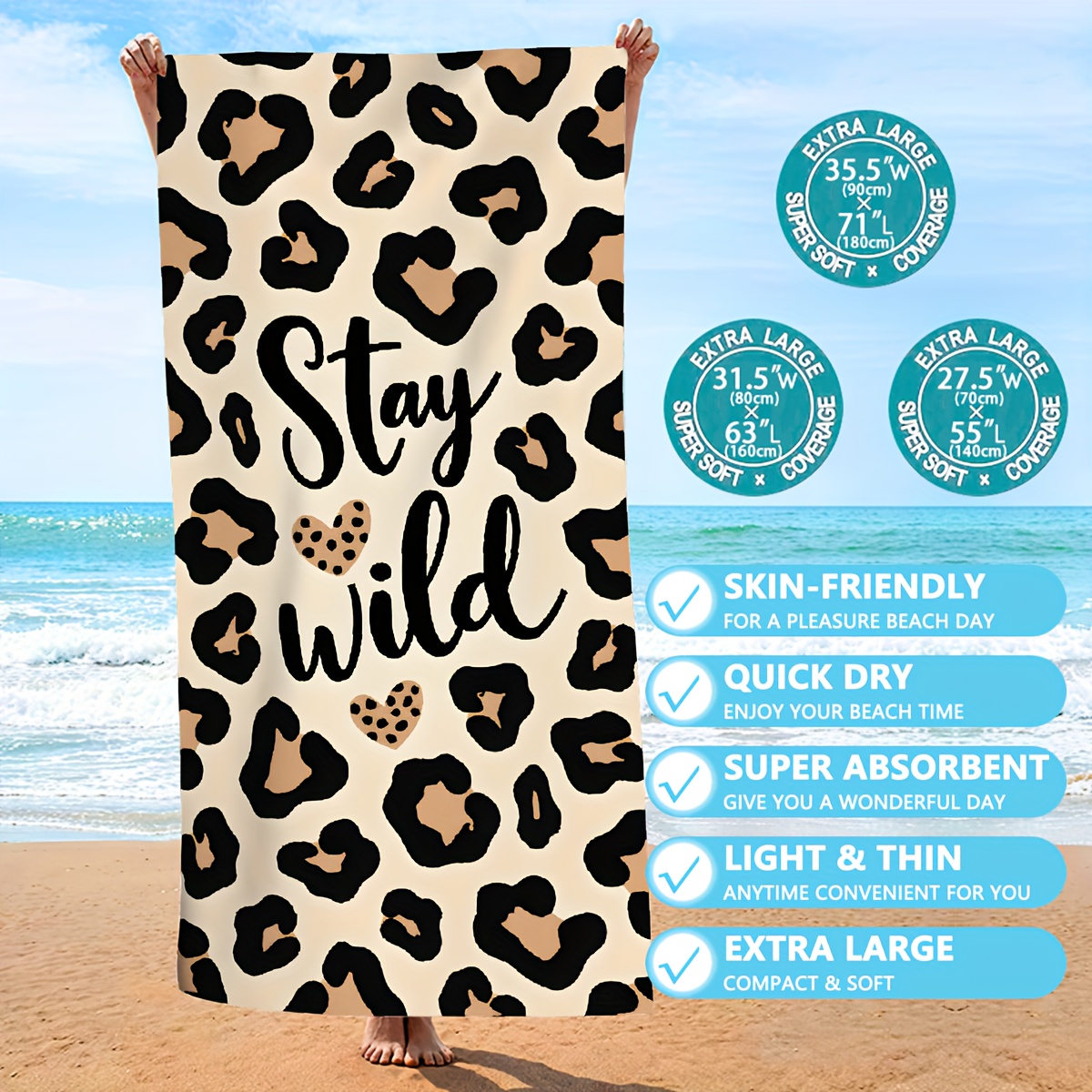 Serviette de plage en microfibre, Stay wild leopard, Serviette de Plage r, bonne année, printemps, Pâques, Serviette de Plage Légère et Fine en Microfibre, Séchage Rapide Absorbante Compacte, Cadeau pour Adultes – Image 2